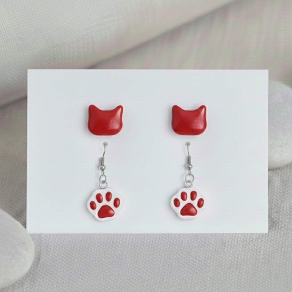 Cat Resin Earring Set - Handmade - Hypoallergenic - Red